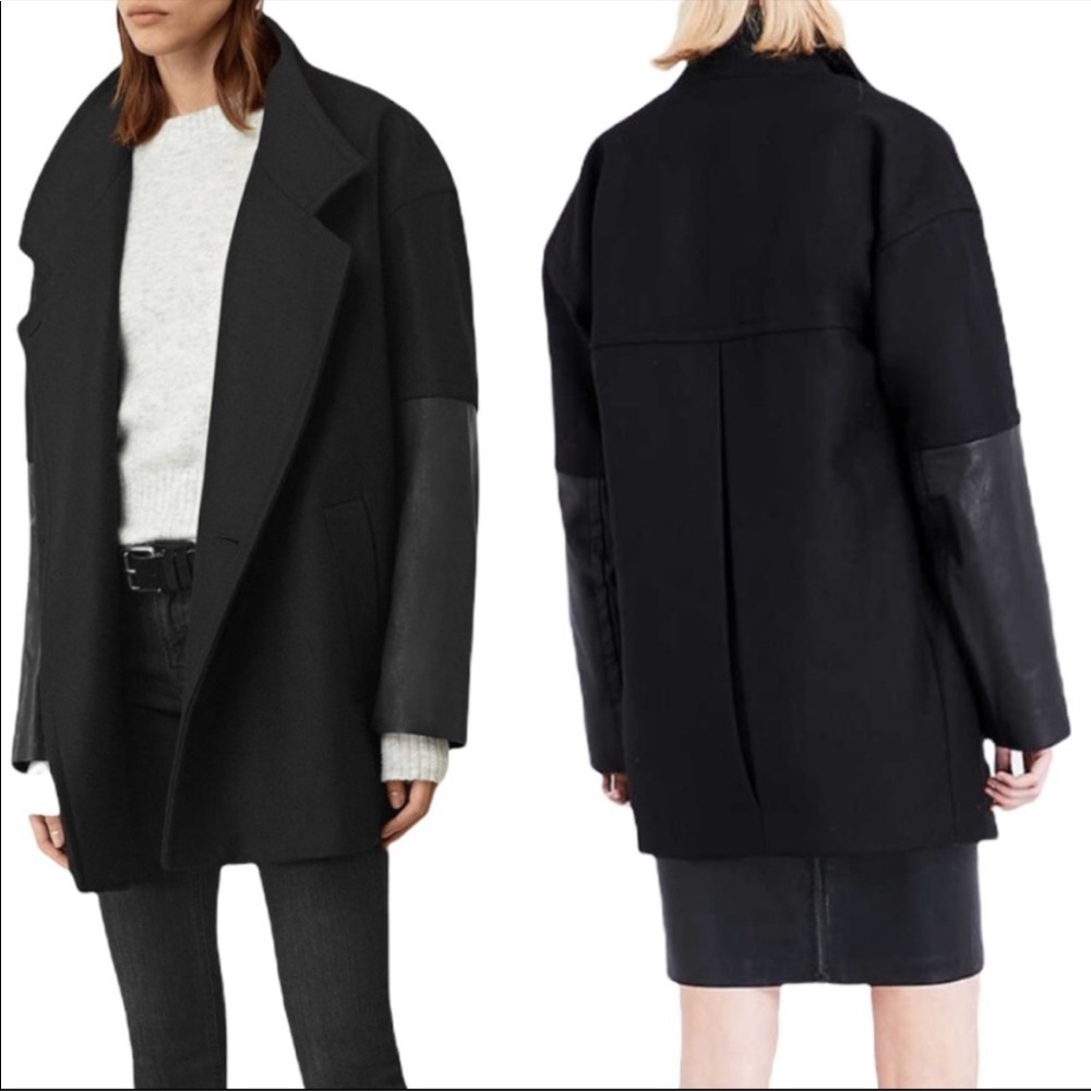 All Saints Meade Lea Black Leather Wool Pea Coat Oversized Size 0